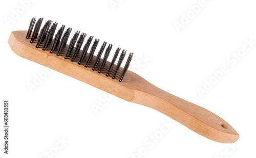 metal brush for cleaning metal with a plastic and wooden handle on a white background