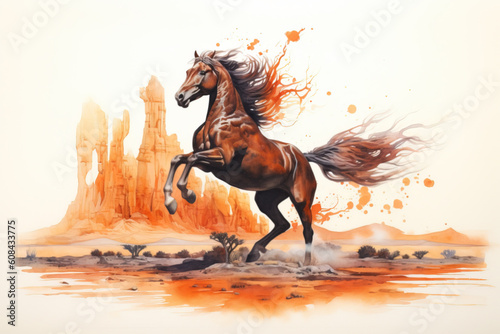 A wild mustang galloping through the desert at noon. Watercolor. Animal illustration. Generative AI.