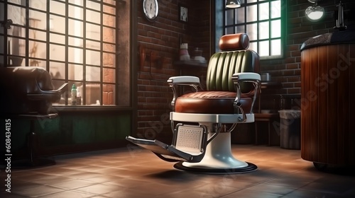 A vintage barber chair set against a city skyline view from a window. Generative ai