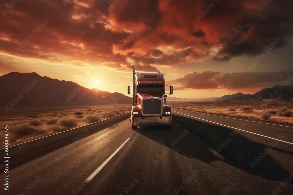 A truck with packaged goods drives fast at sunset. Ai generated.