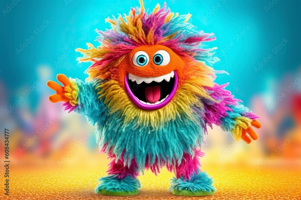 A whimsical and lively fluffy little colored monster dances and laughs on a vibrant background. AI Generated.