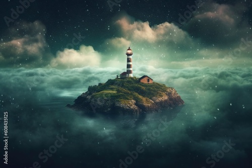 A dream island  at night  floating in a cloud of steam surrounded by the ocean. Ai generated.