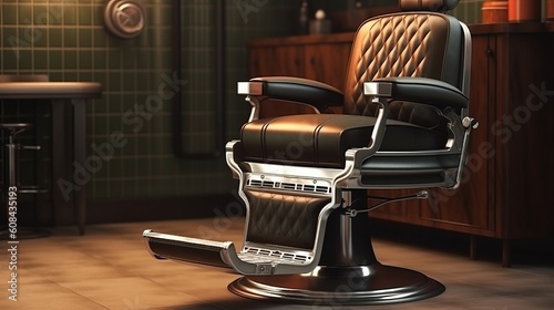 A vintage barber chair in a modern tiled room. Generative ai