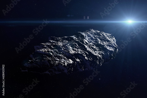 Huge asteroid in outer space. A alone large asteroid and sun in outer space. Elements of this image furnished by NASA.