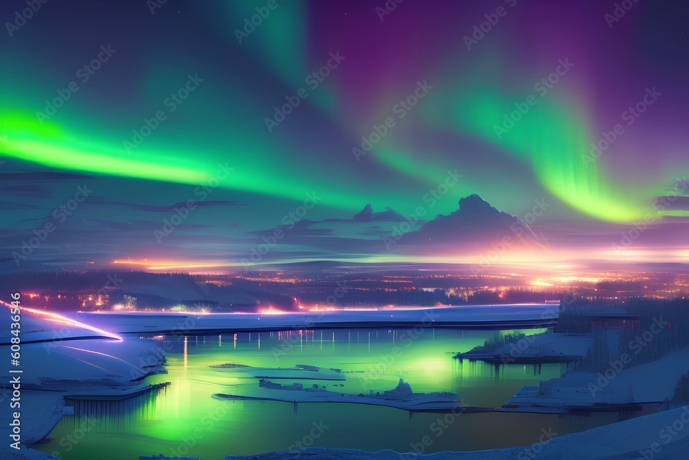 The Northern Lights Above the Small Country City - generative ai