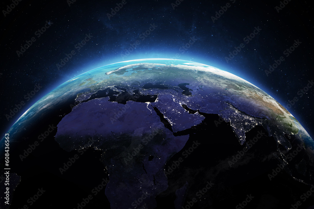 Obraz premium Planet Earth at night. Sunrise. Elements of this image furnished by NASA.