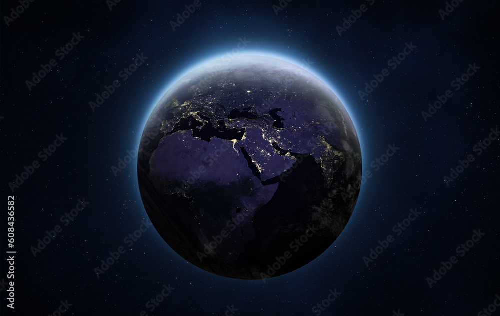 Planet Earth at night. Europe, Africa and Asia at night viewed from space with city lights. Human activity in Germany, France, Spain and other countries. Elements of this image furnished by NASA.