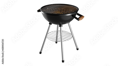 Black barbecue grill with burning charcoal isolated on white and transparent background. Grill concept. 3D render