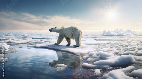 Polar bear threatened by climate change and global warming  walking on melting ice in the heat of the sun - Generative AI