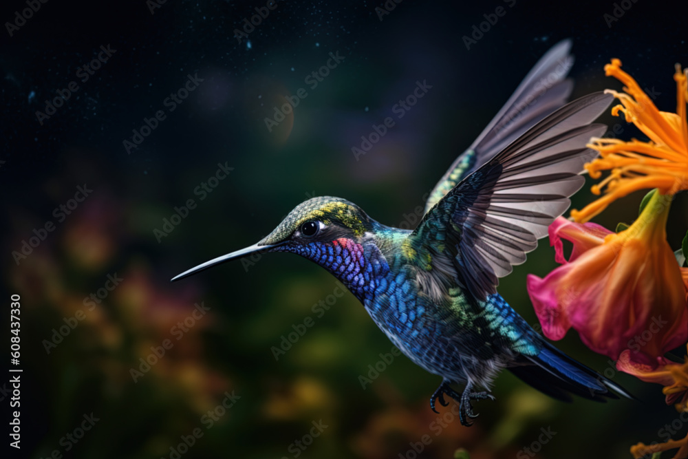 Hummingbird in flight, drinks from a flower. Generative AI Hummingbird in flight, drinks from a flower. Generative AI