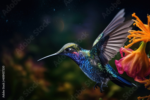Hummingbird in flight, drinks from a flower. Generative AI © britaseifert