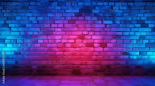 A brick wall illuminated with blue and red lights. Generative ai