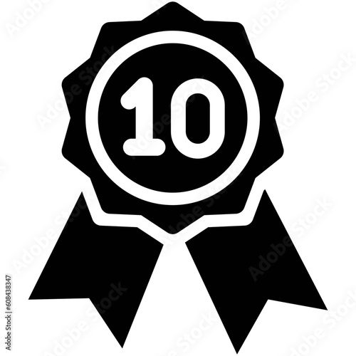 Black single filled top 10 or 10yr medal icon, simple recognition flat design vector pictogram, infographic vector for app logo web website button ui ux interface elements isolated on white background