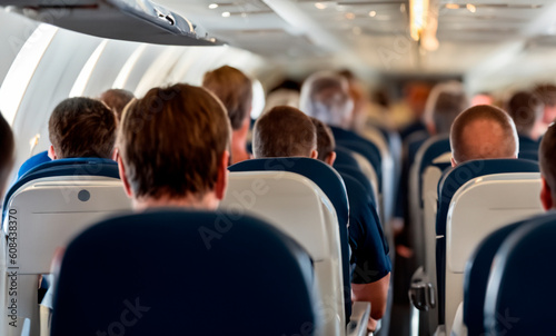 People sitting in an airplane during its flight with a selective focus. Concept of travel and flight by plane. Generated with AI