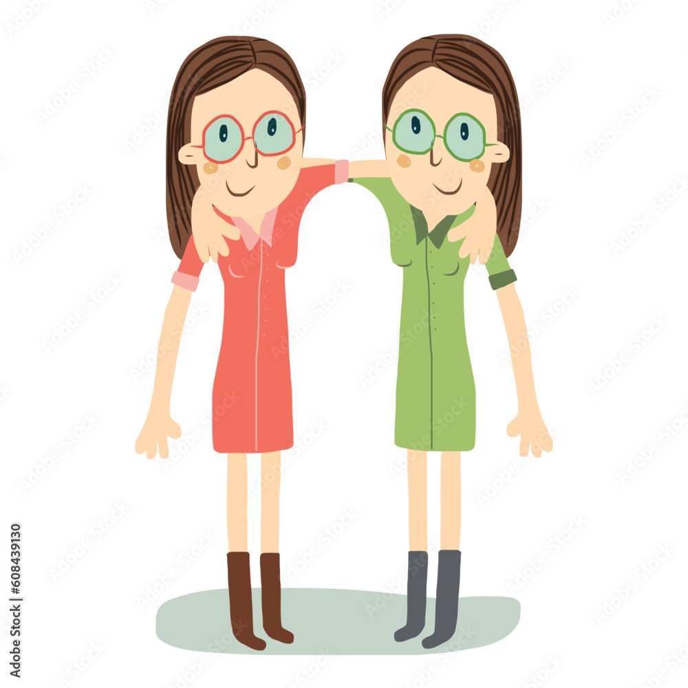 Vector illustration of twin sisters. Two identical girls hugging each other. Vector illustration of twin sisters. Two identical girls hugging each other.