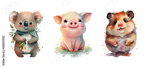 Watercolor set of baby animals on a white background. Piglet, kuala, hamster. Ideal for postcards, books, posters, banners. Vector illustration © marikova