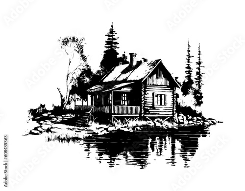 Lake house. Black and white style. Fisherman's house. Family holiday. Country life. Fishing. Design for postcard, book, poster, banner. Vector illustration