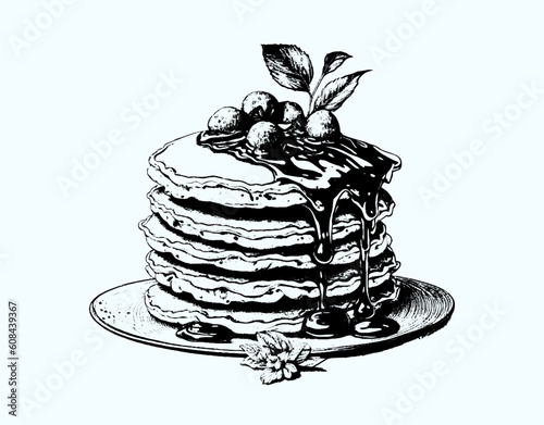 Pancake. Black and white style. Fluffy pancakes topped with jam or honey. Berries and mint leaves. Delicious delight. American pancake. Design for postcard, book, poster, banner. Vector illustration