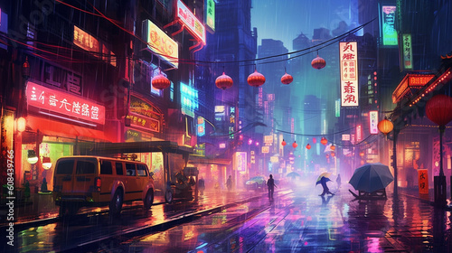 A rain-soaked cityscape at night, with neon lights reflecting on wet streets, casting vibrant colors onto the scene Generative AI