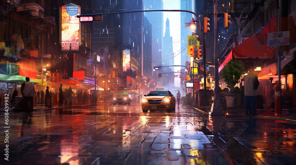A rain-soaked city street at twilight, with reflections of colorful umbrellas and city lights shimmering on the wet pavement, creating a magical urban scene Generative AI