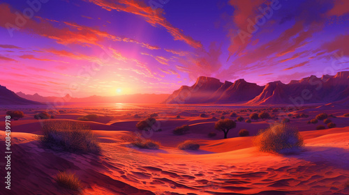 A desert sunset  with the sky ablaze in vibrant hues of orange and purple  casting long shadows across the rippled sand dunes Generative AI