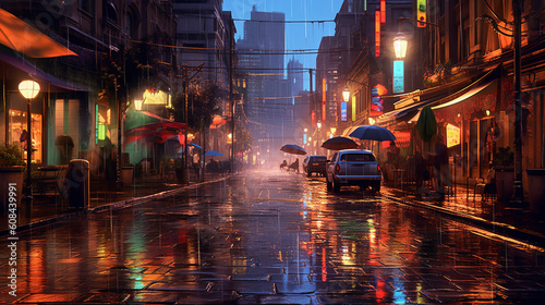 A rain-soaked city street at twilight, with reflections of colorful umbrellas and city lights shimmering on the wet pavement, creating a magical urban scene Generative AI