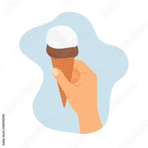 Human hand holding ice cream on cone isolated on white background. Hand with ice-cream in flat illustration. Vector illustration
