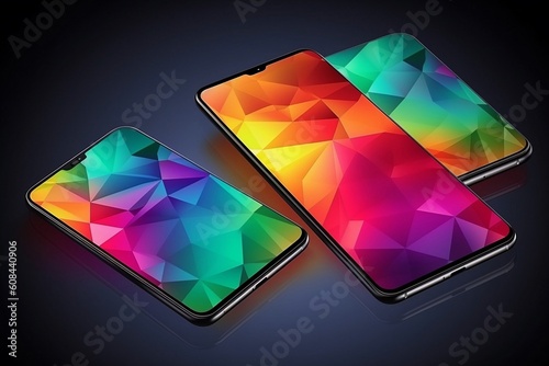 Three smartphones with colorful screen. Generative ai 