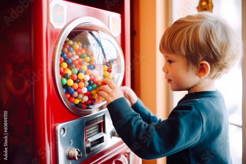 Child getting a gum from a gumball machine. Generative ai