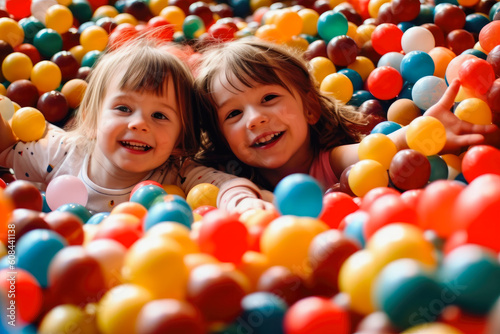 Children playing in ball pit on indoor playground, generative ai