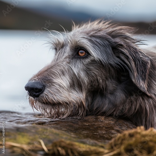 Serene Scottish Deerhound Resting by the Lake