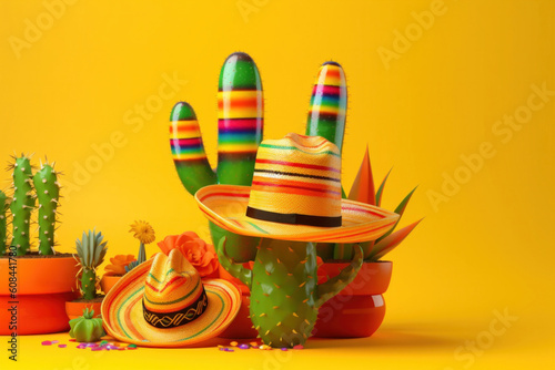 Cinco de Mayo holiday background made from maracas, cactus and hat on yellow background. Generative AI