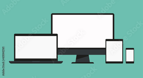 laptop computer tablet and mobile phone mockup, digital devices with blank white screen template vector flat illustration