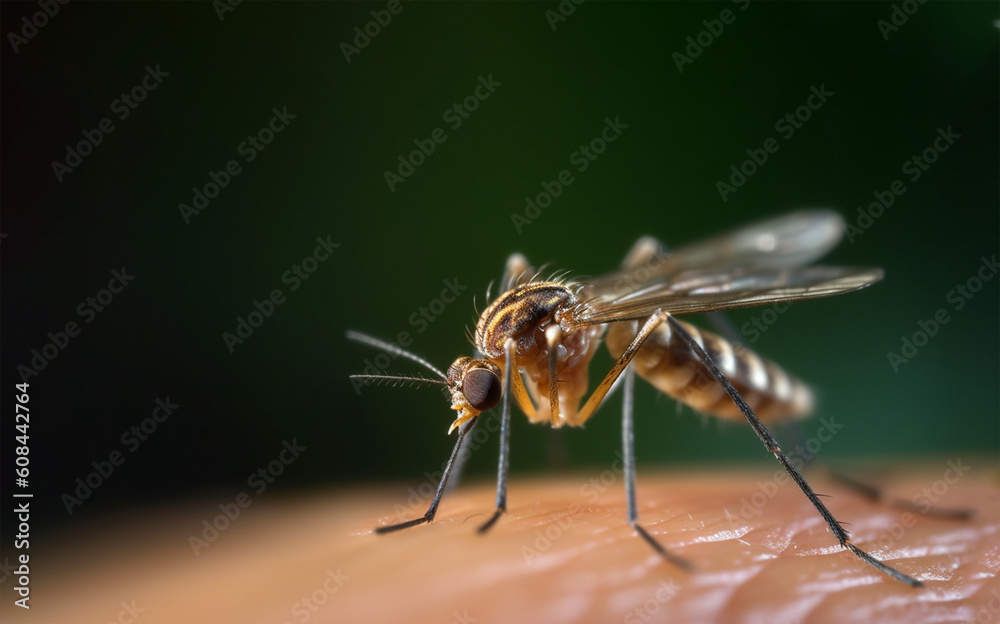 mosquito close-up on human skin at sunset. Generative AI mosquito close-up on human skin at sunset. Generative AI