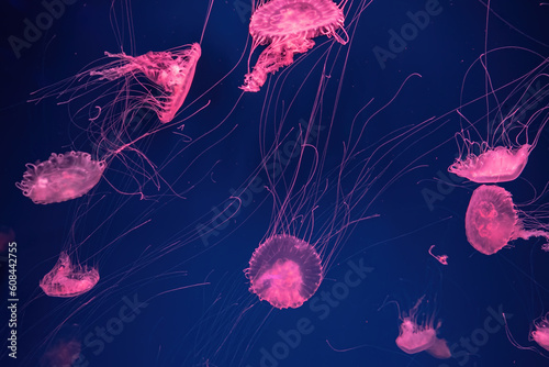 Group of fluorescent jellyfish swim underwater in aquarium pool with pink neon light. The Atlantic sea nettle chrysaora quinquecirrha in blue water, ocean. Theriology, tourism, diving, undersea life. photo