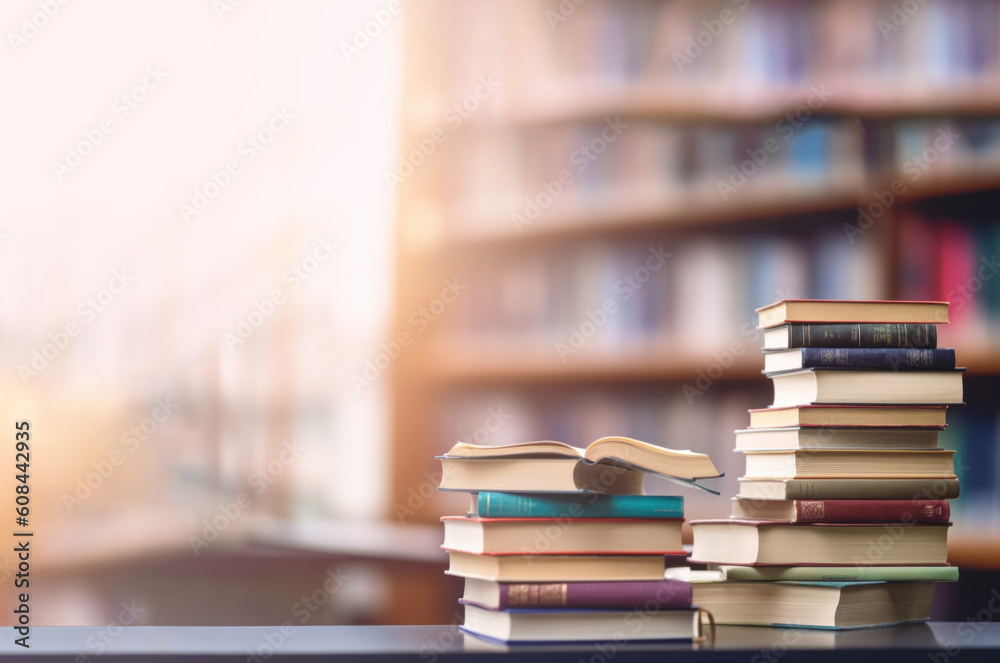 a stack of heaps of academic archive literary text or textbook in an old library on a reading table. Education learning concept. Generative AI. a stack of heaps of academic archive literary text or textbook in an old library on a reading table. Education learning concept. Generative AI.