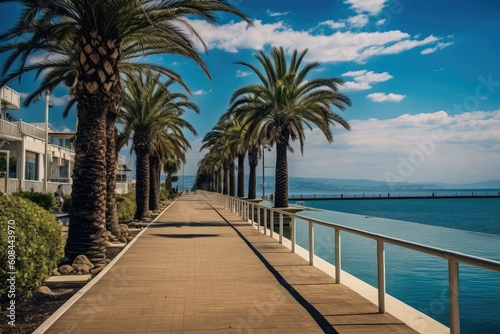 beautiful promenade with palm trees with swimming pools in the park by the sea. Generative AI 