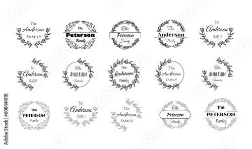 Family name monograms set, monogram the family welcome home sign, wedding minimalistic floral ornament wreath, border frame or greeting card invitation with eucalyptus arrangement