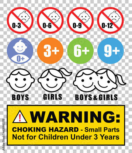 Warning Caution - Choking hazard small parts - not suitable for children under 3 years - Symbol 0-3 3+ 6+ 9+ ages sign vector illustration labels stickers	
