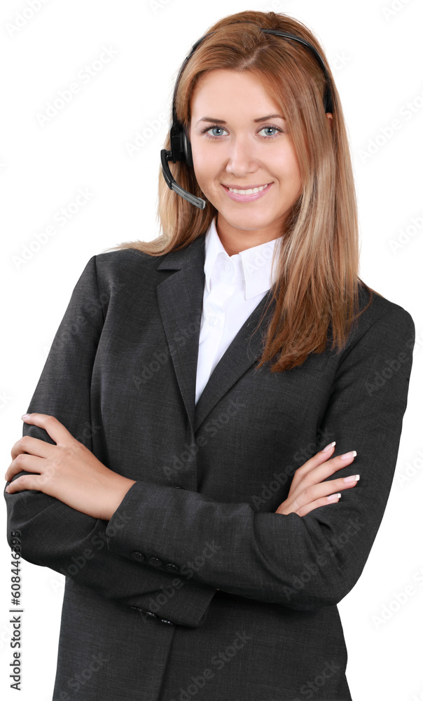 A customer service representative wearing a headset A customer service representative wearing a headset