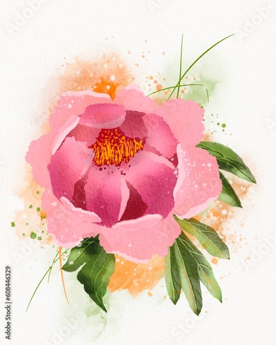 Watercolor drawing of a blossomed pink peony flower with leaves  digital freehand drawing.