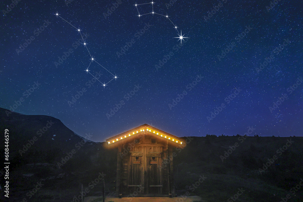 A real night scene on a mountain hut with starry sky showing constellation of big dippper and little dipper and the North Star