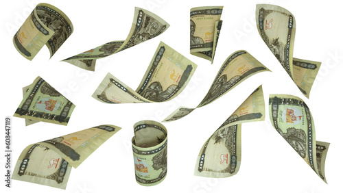 3D rendering of Eritrean Nakfa notes flying in different angles and orientations isolated on transparent background