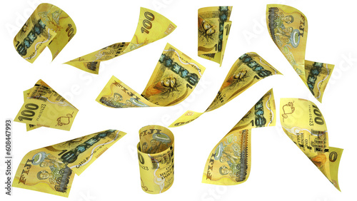 3D rendering of Fijian Dollar notes flying in different angles and orientations isolated on transparent background