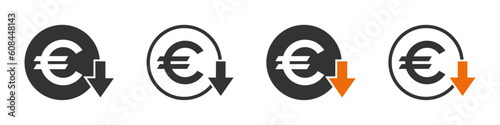 Cost reduction. Euro decrease vector icons