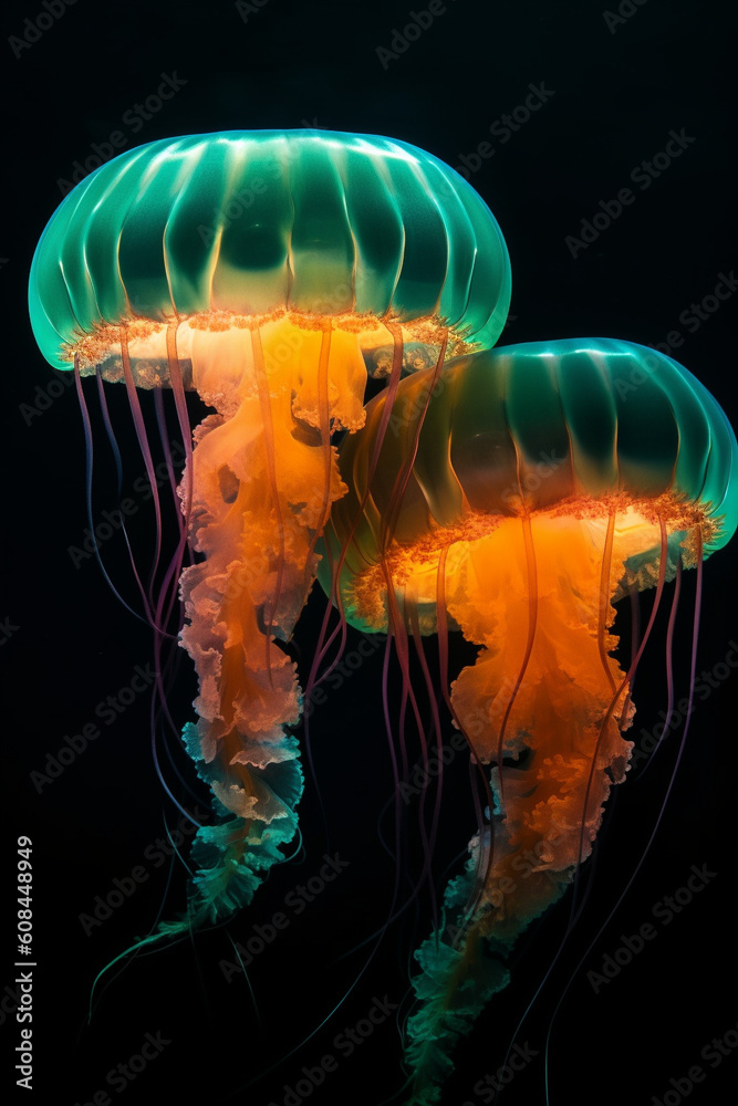 Fototapeta premium Two glowing jellyfish generative AI