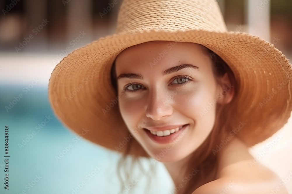 Young pretty smiling woman in a swimming-pool. Generative AI