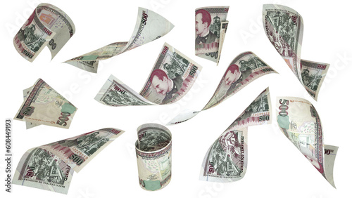 3D rendering of Honduran Lempira notes flying in different angles and orientations isolated on transparent background