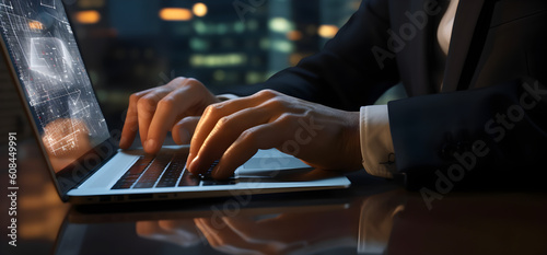 Close up of a male hand typing on a laptop with futuristic technology graphs displayed on screen on a dark blue background