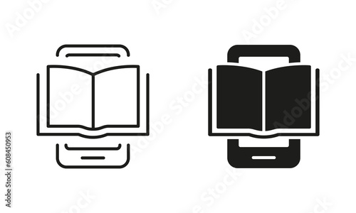 Ebook on Mobile Phone Silhouette and Line Icon Set. Electronic Book Device for Education and Leaning. E-book Reader, E-Reader Black Sign. Smartphone with Open Ebook. Vector Isolated Illustration